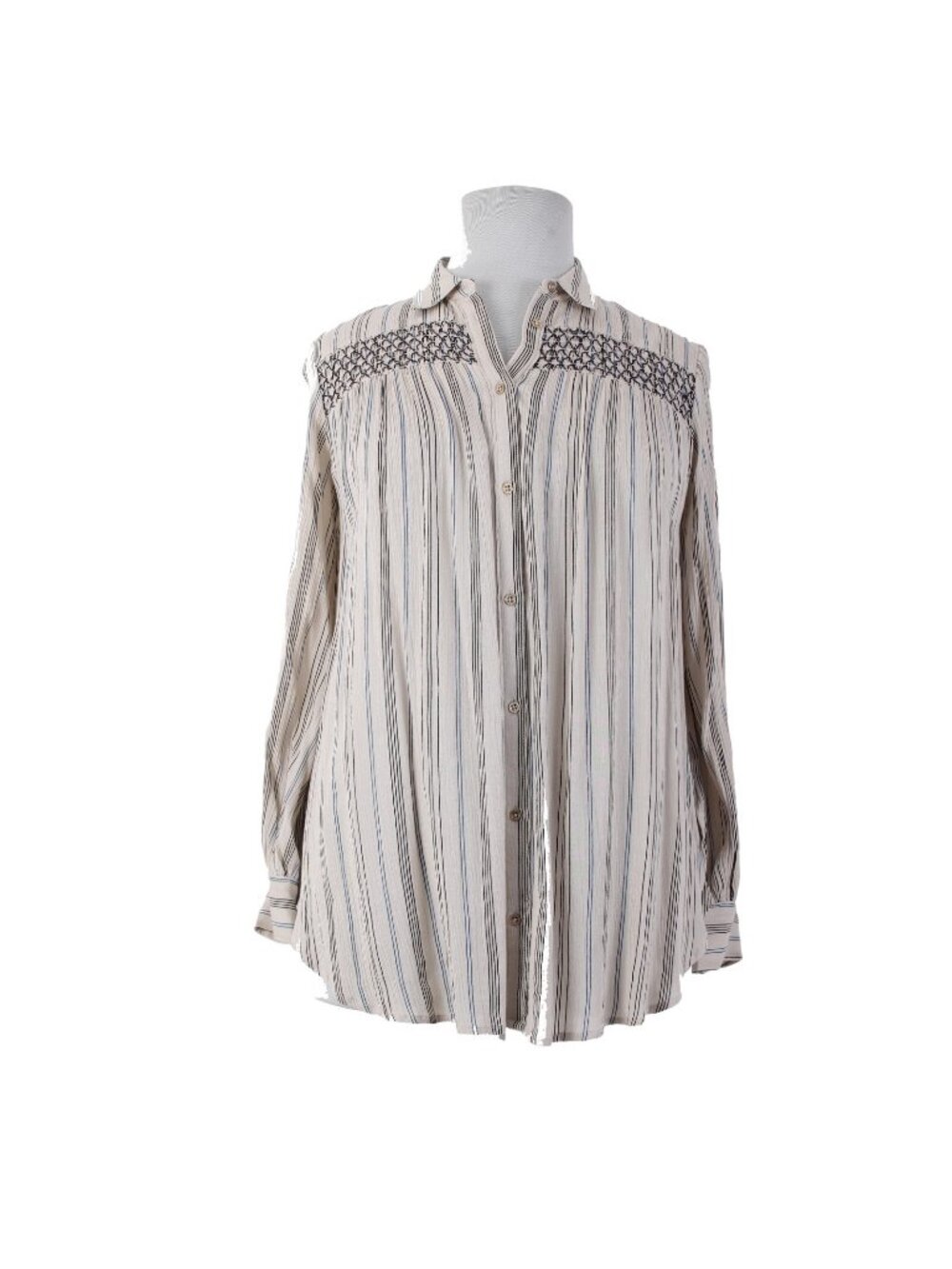 Anthropologie Top Floreat Sz M Tan Black Blue Striped Boho 100% Rayon Top